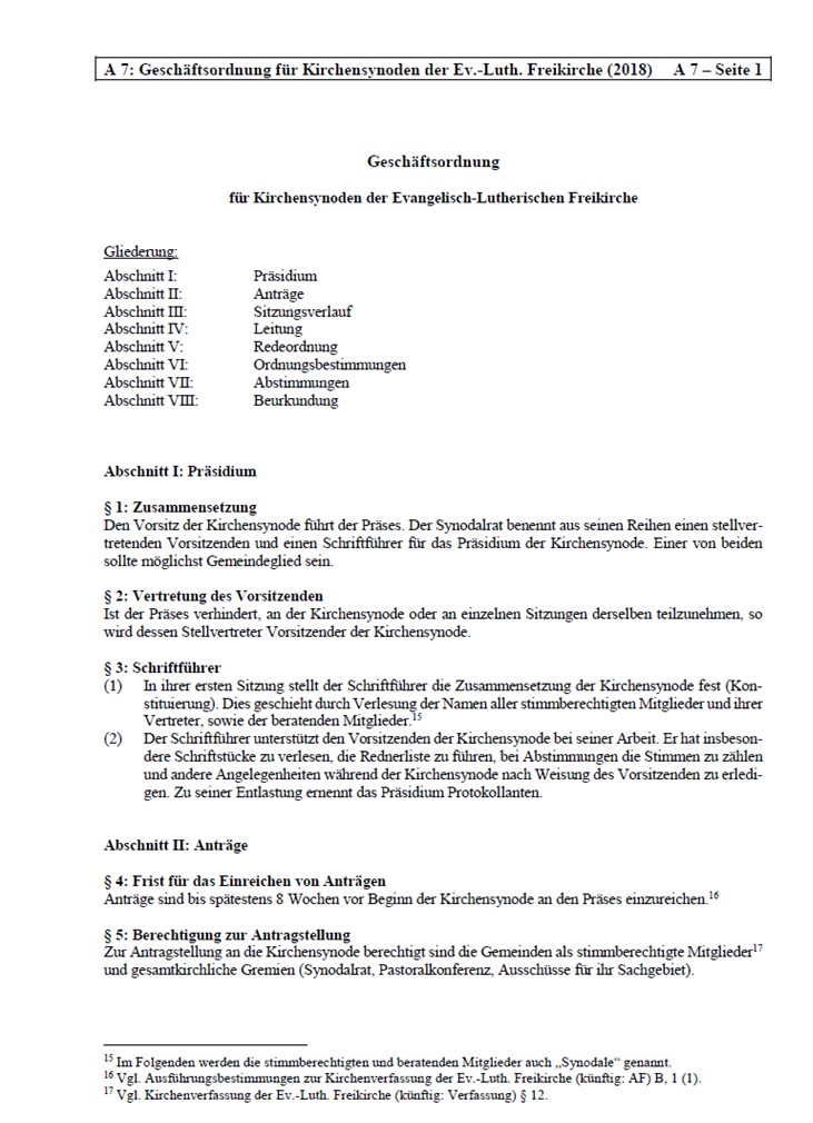 Bild der Seite 1 der Geschäftsordung für Synoden der Ev.-Luth. Freikirche